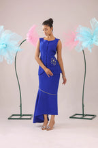 The royal blue floral stone embellished vest with asymmetrical skirt set - BeyondStiches