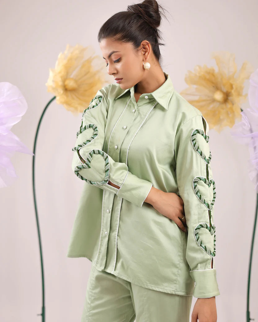 THE MINT GREEN HEART SLEEVE EMBELLISHED COTTON SHIRT WITH WIDE PLACKET