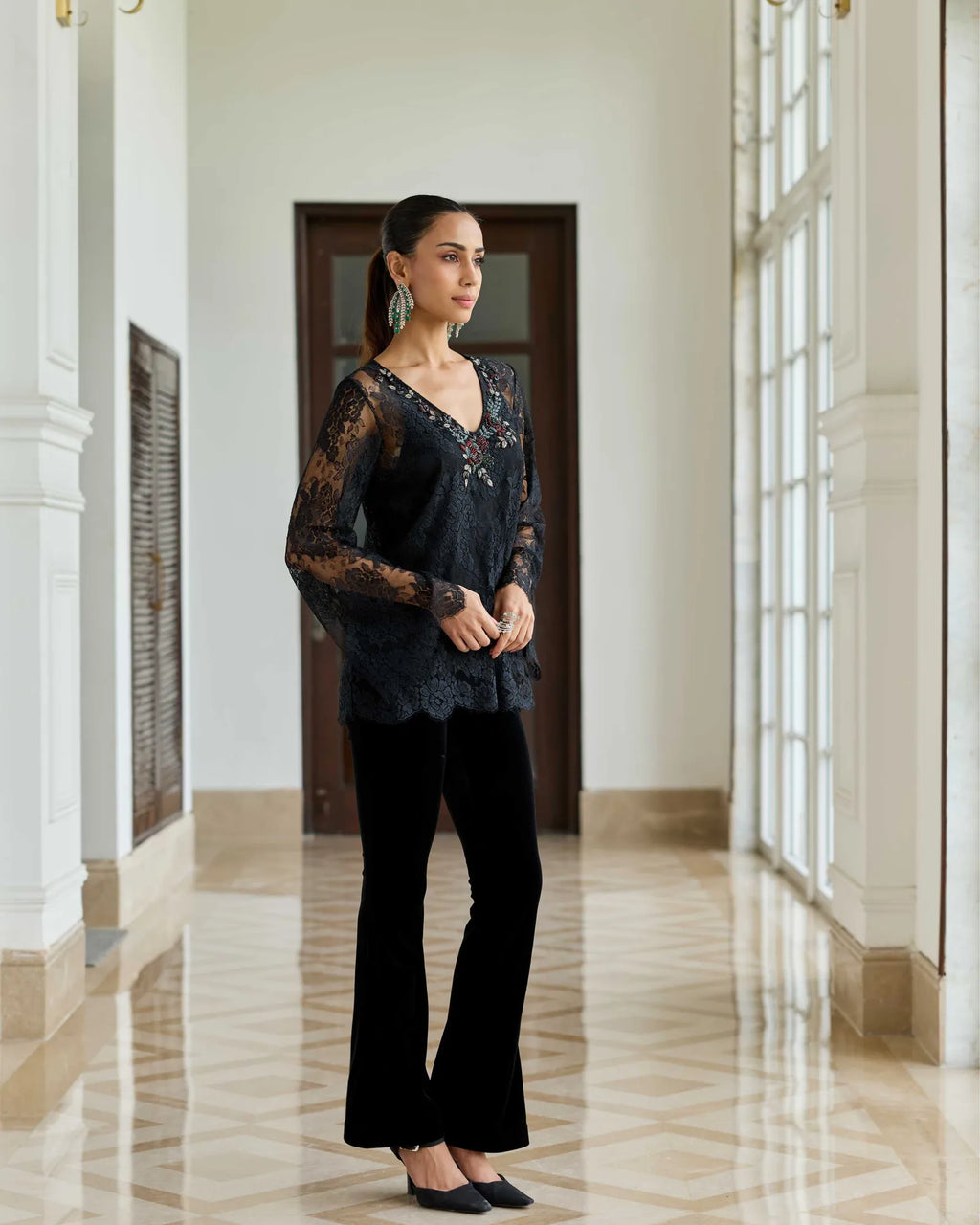 Scepter Classic Black French Chantilly Lace Beaded Embroidery Top