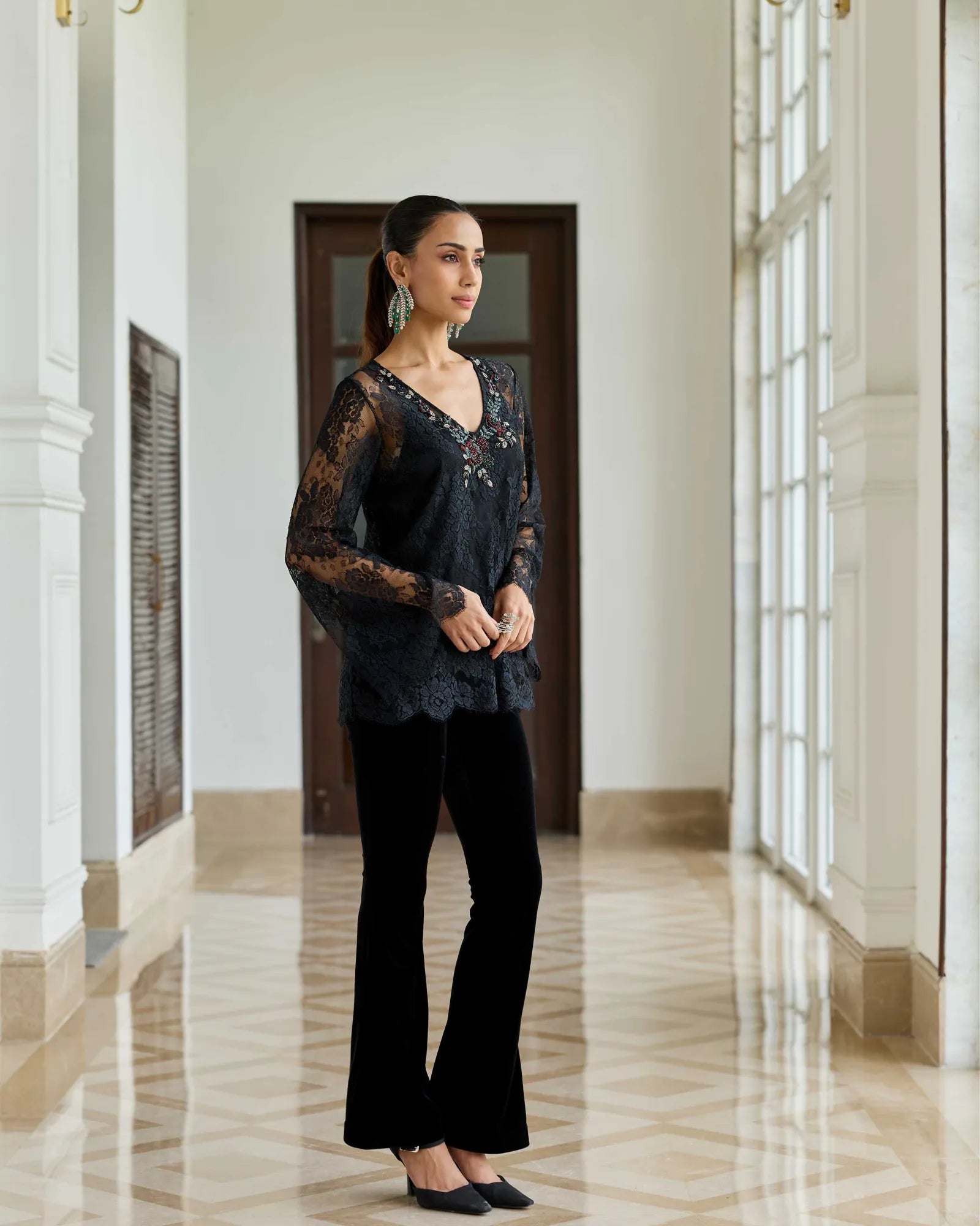 Scepter Classic Black French Chantilly Lace Beaded Embroidery Top