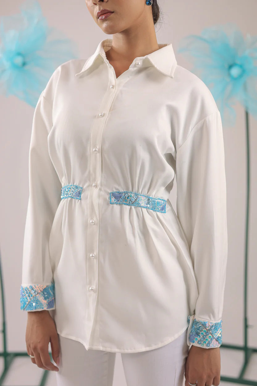 THE WHITE GATHERED CRAPE SHIRT WITH SKY BLUE EMBELLISHMENT - BeyondStiches