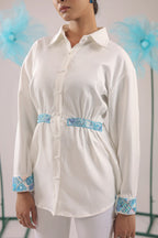 THE WHITE GATHERED CRAPE SHIRT WITH SKY BLUE EMBELLISHMENT - BeyondStiches