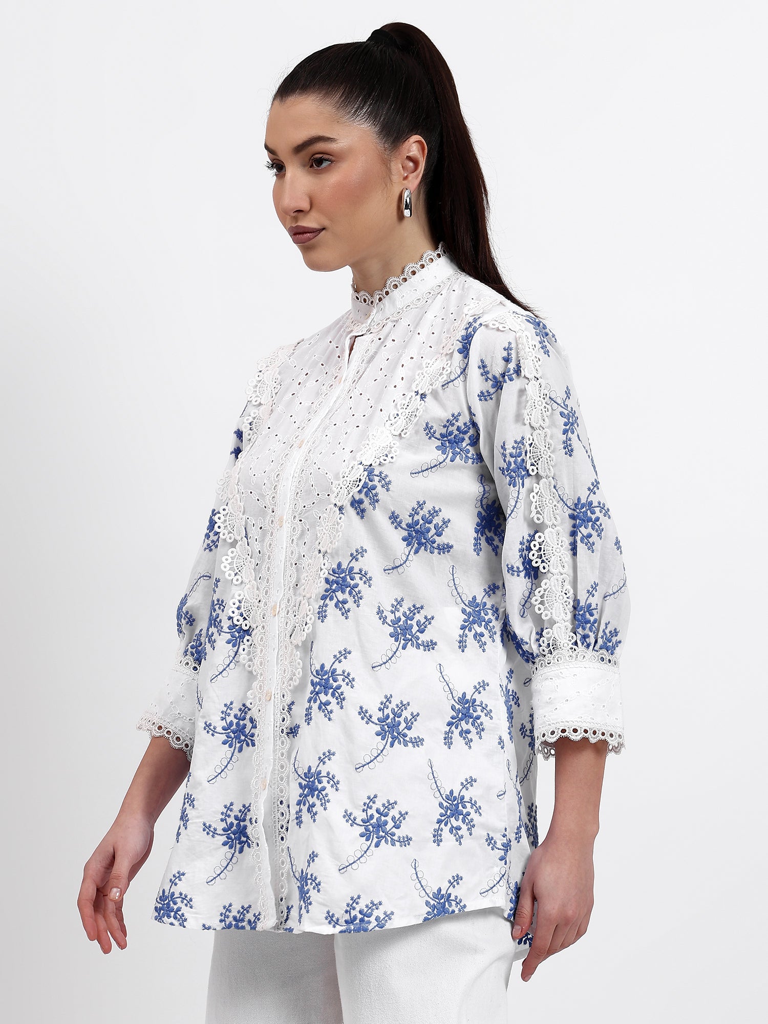 White Chikan and Boota Lace Shirt