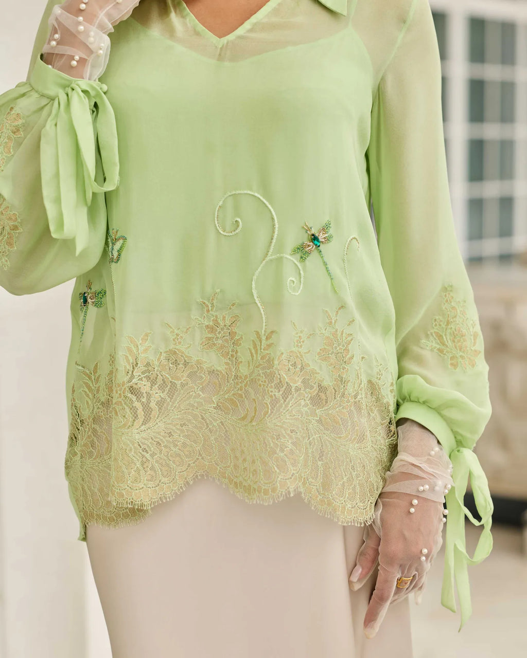 Dragonfly Pastel Green Hand Embroidered French Lace Flat Chiffon Top