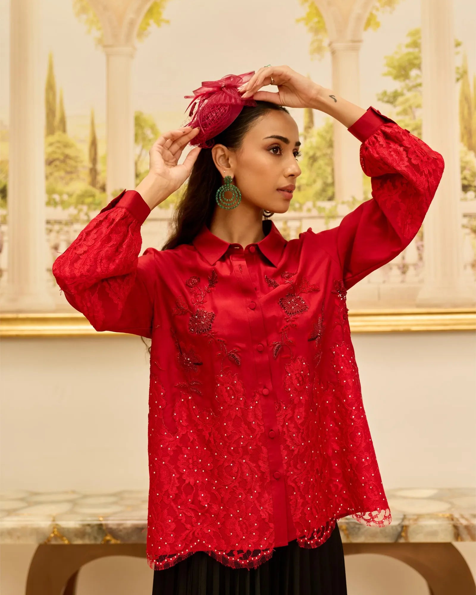 Crimson Bloom Red Hand Embroidered French Lace Habotai Silk Shirt - Dareiss