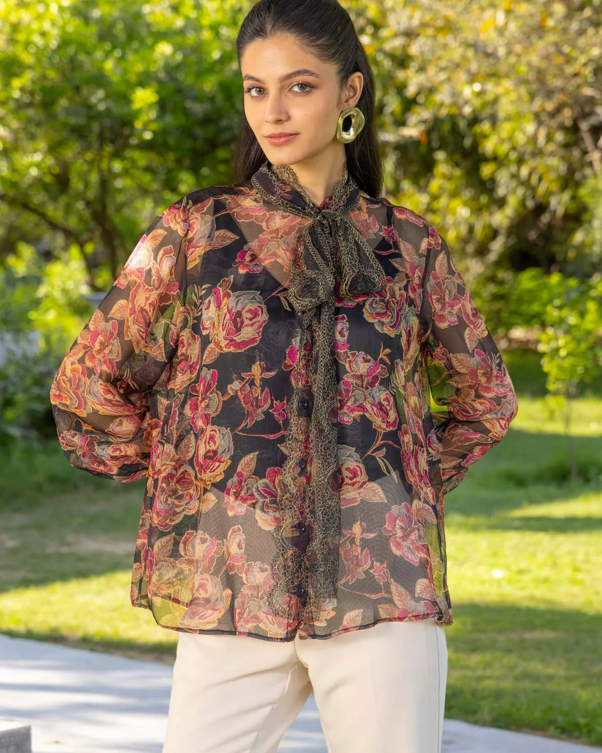 Mimosa Organza Mesh Lace bow shirt