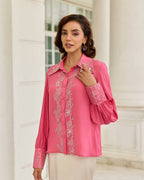Thistle Fuchsia Pink Cutdana Embroidery French Lace Shirt