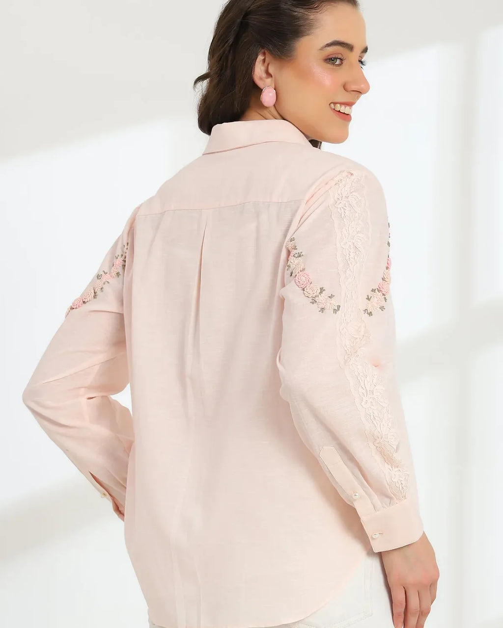 Pink Rose Blush Embroidered French lace Silk Cotton Shirt