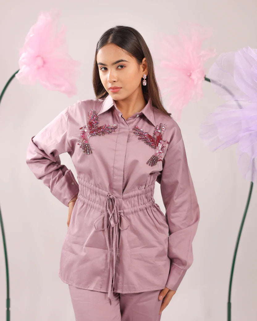 THE DIRTY PINK GATHERED WAIST TIE UP COTTON SHIRT WITH BIRD EMBELLISHMENTS