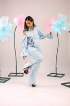 THE SKY BLUE COLD SHOULDER BIRD EMBELLISHED COTTON SHIRT - BeyondStiches