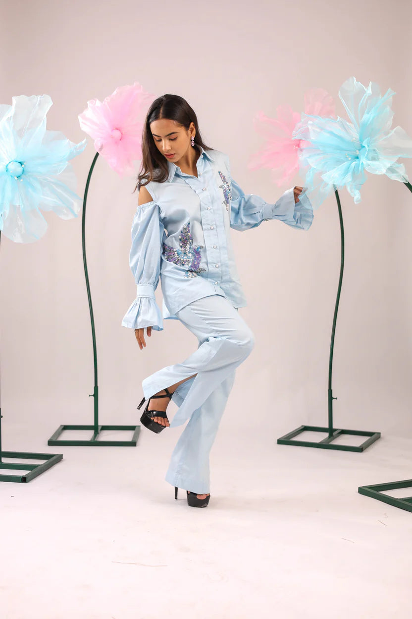 THE SKY BLUE COLD SHOULDER BIRD EMBELLISHED COTTON SHIRT - BeyondStiches