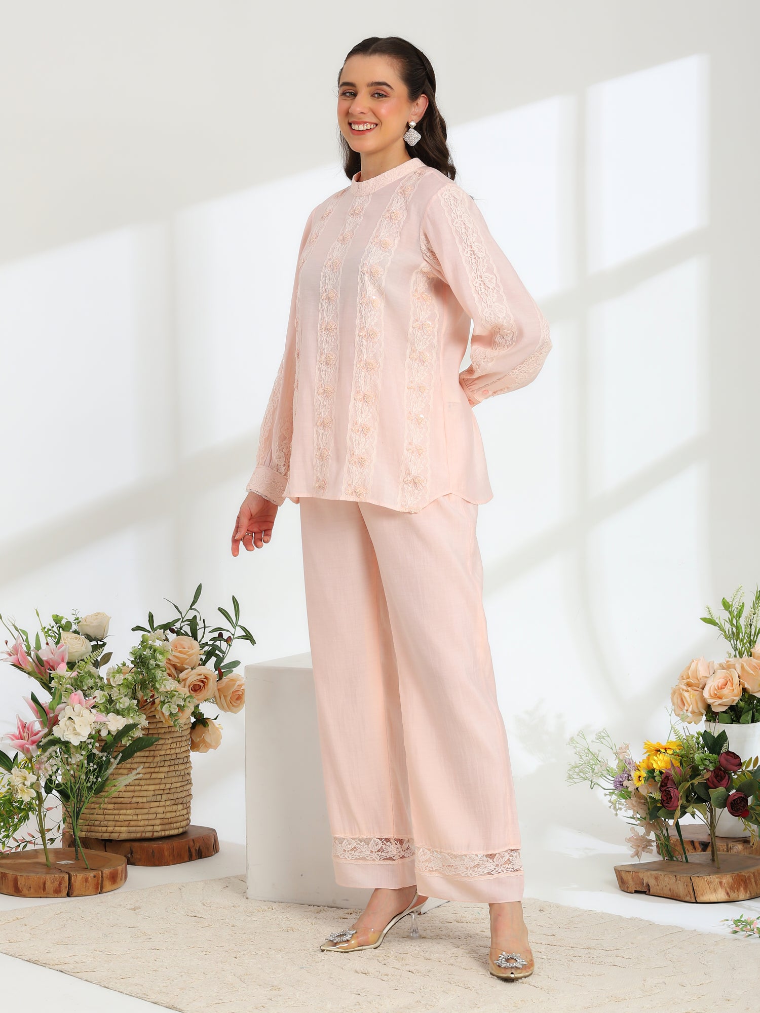 Elan Pink  Hand Embroidered French Lace Silk Cotton Co-ord Set