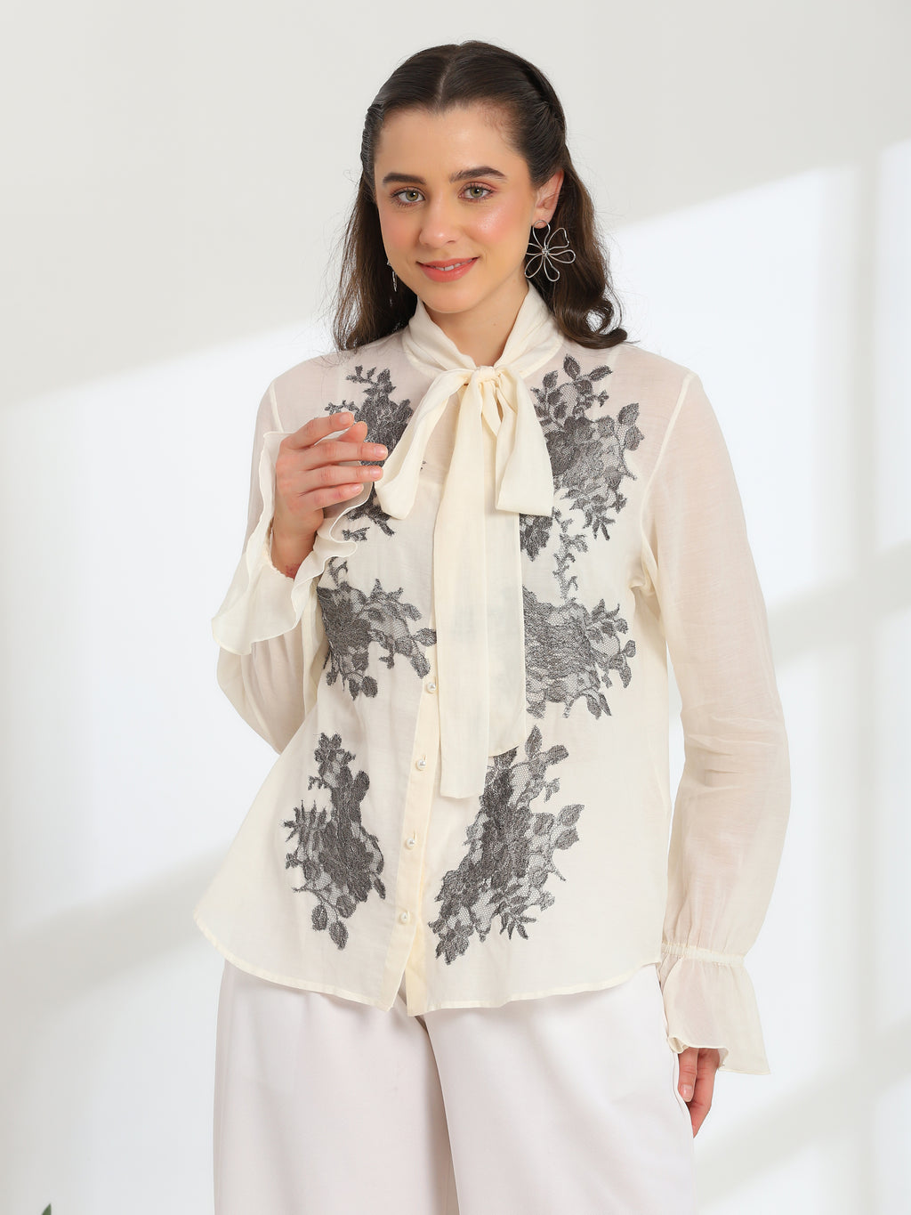 Solaire Ivory spring metalic Mul Cotton Top