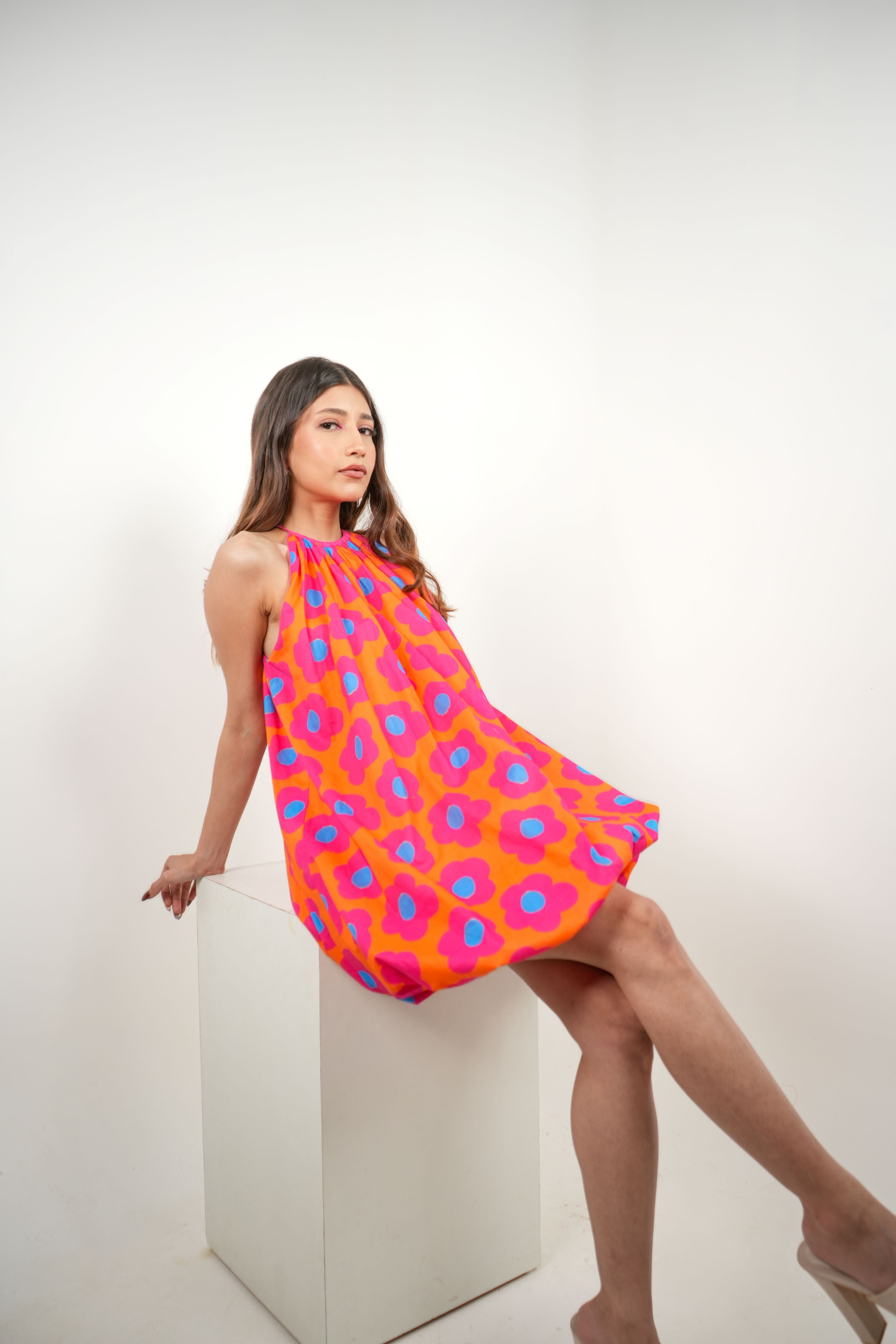 Mystic Bloom Halter Neck Balloon Dress