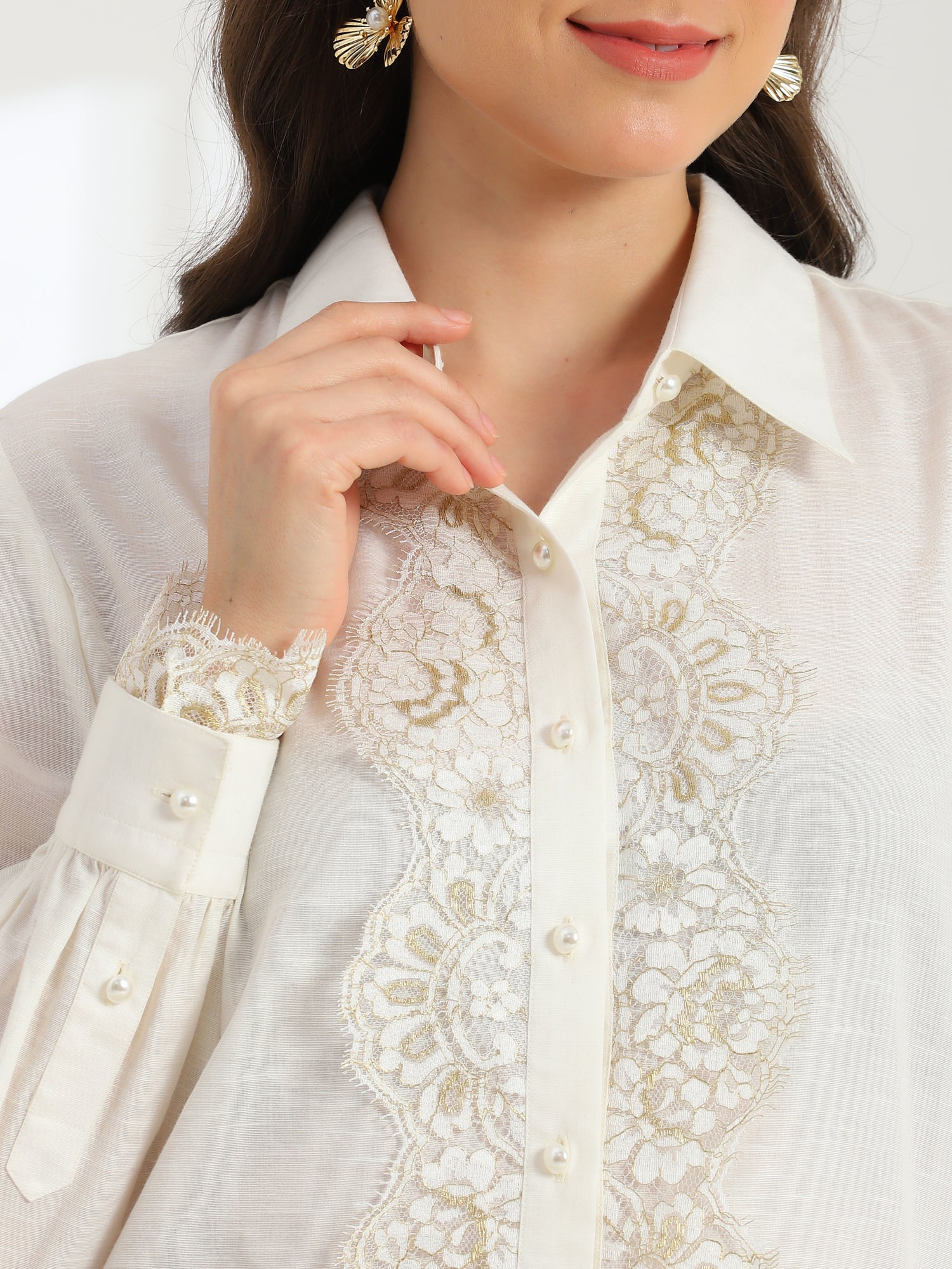 Moonlight Pearl French lace Linen Shirt - Dareiss