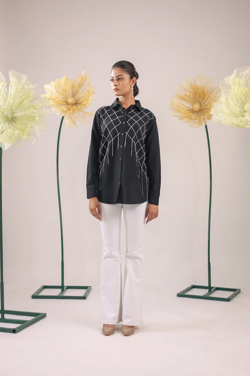 THE BLACK CHECKS STONE TASSEL CRAPE SHIRT