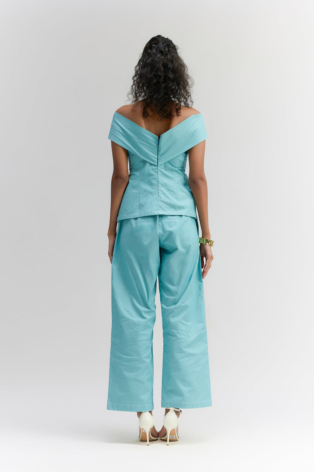 Aqua blue denim off-shoulder Top & pant set - Itara