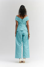 Aqua blue denim off-shoulder Top & pant set - Itara