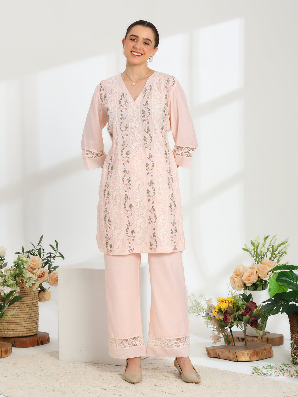 Rosella Bloom Hand Embroidered French lace Cotton Silk Kurta set