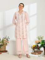 Rosella Bloom Hand Embroidered French lace Cotton Silk Kurta set