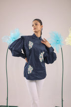 THE NAVY BLUE FLORAL PLEATED COTTON SHIRT