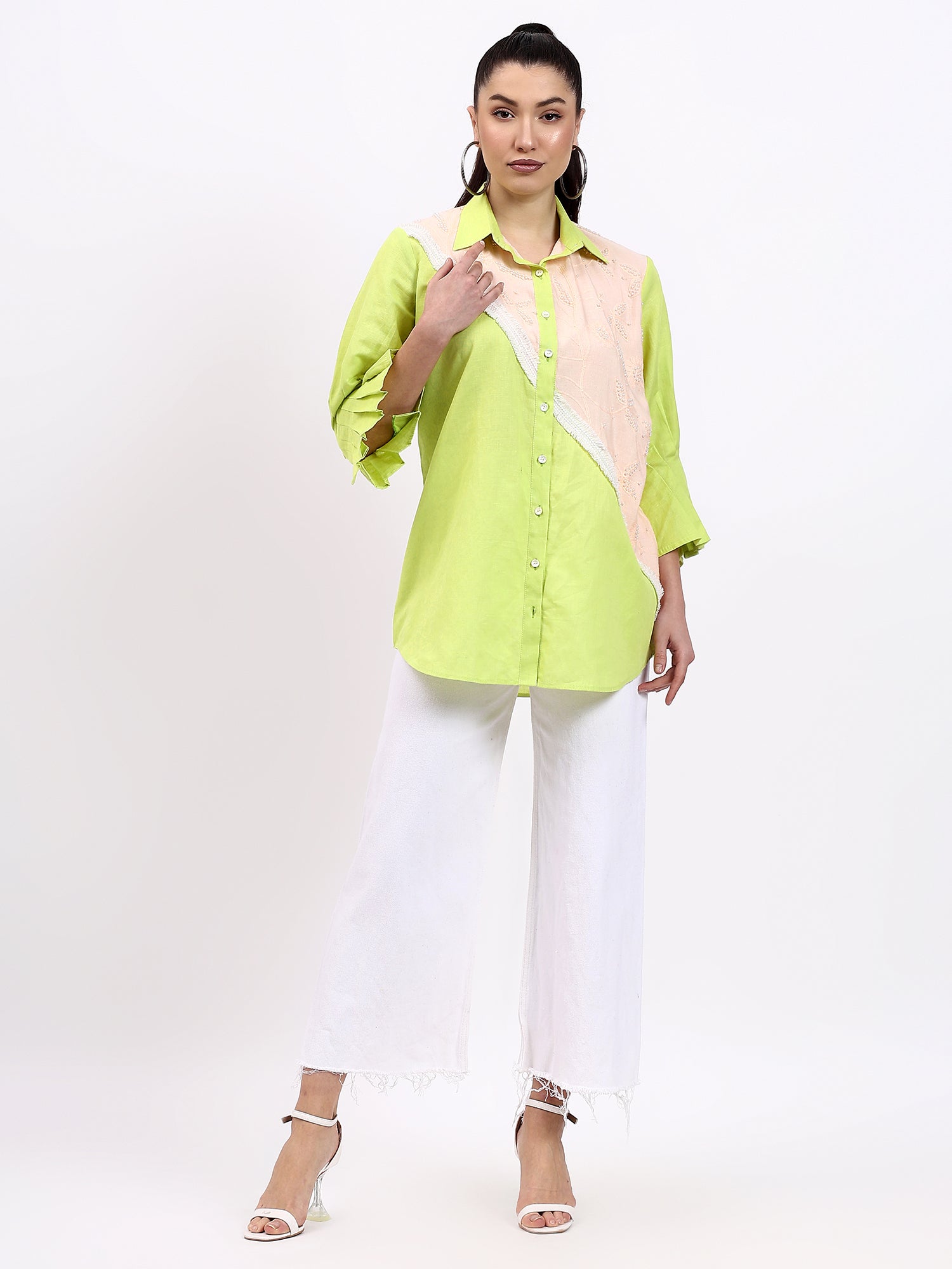 Green and Peach Lace detailing shirt with pearl touch
