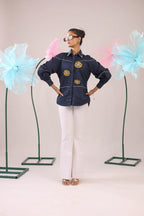 THE NAVY BLUE COTTON SHIRT WITH 3D YELLOW EMBELLISHED FLOWERS