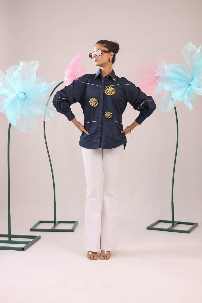 THE NAVY BLUE COTTON SHIRT WITH 3D YELLOW EMBELLISHED FLOWERS