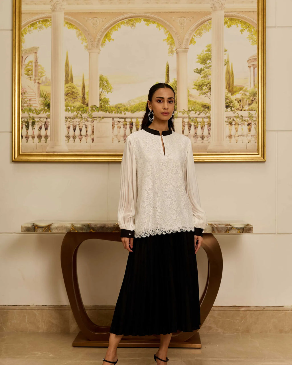 Celestia White French Lace Chiffon Blouse