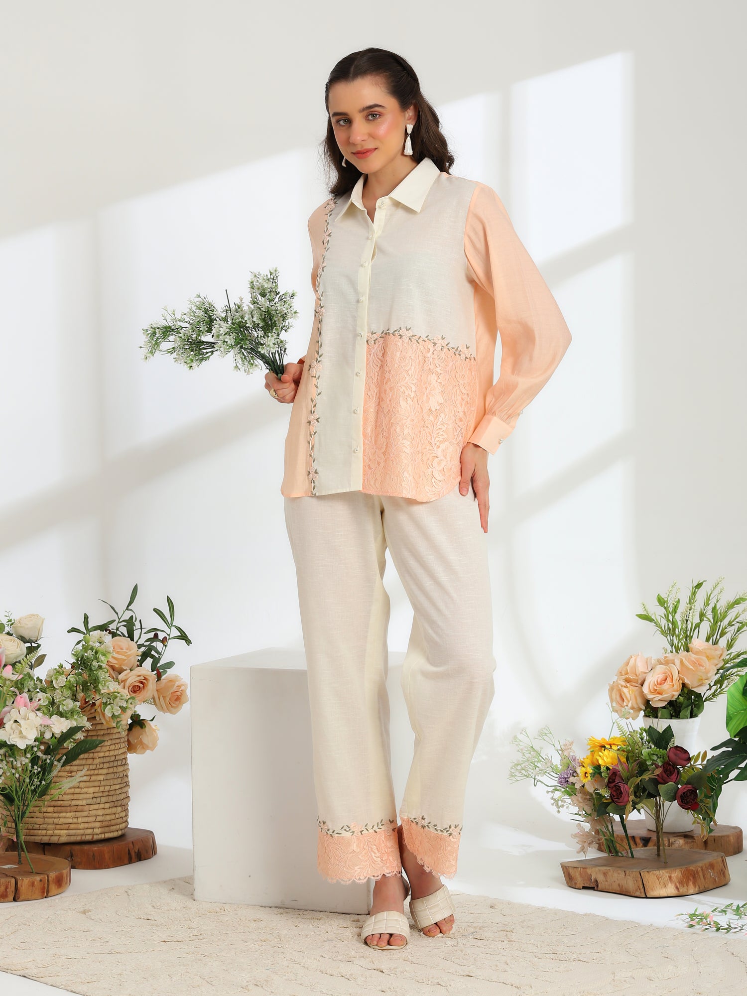 Floréa Peach Hand Embroidered French lace Silk Linen shirt