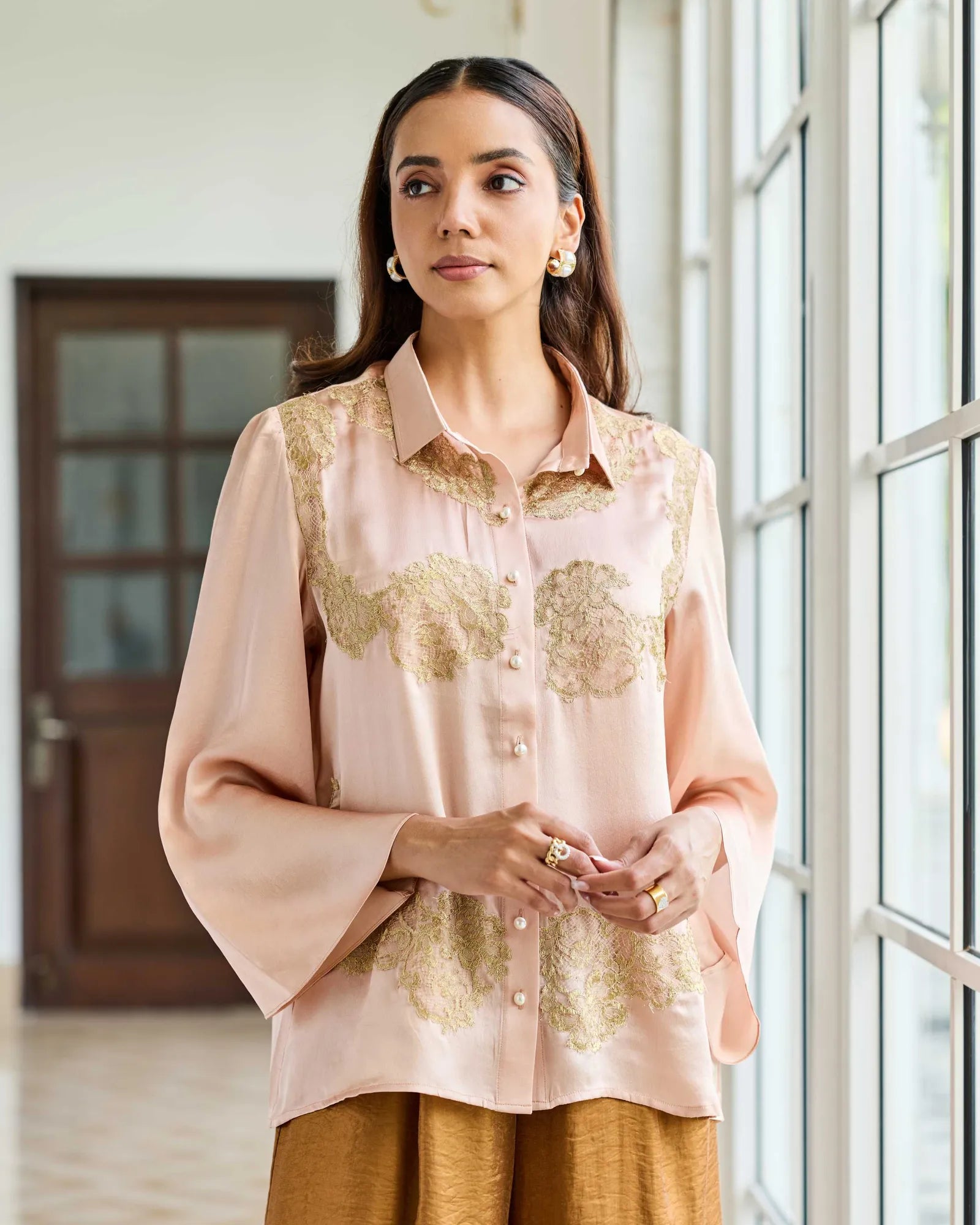 Rosette Mist Dusty Pink Symmetrical Lace Appliqué Satin Silk Shirt - Dareiss