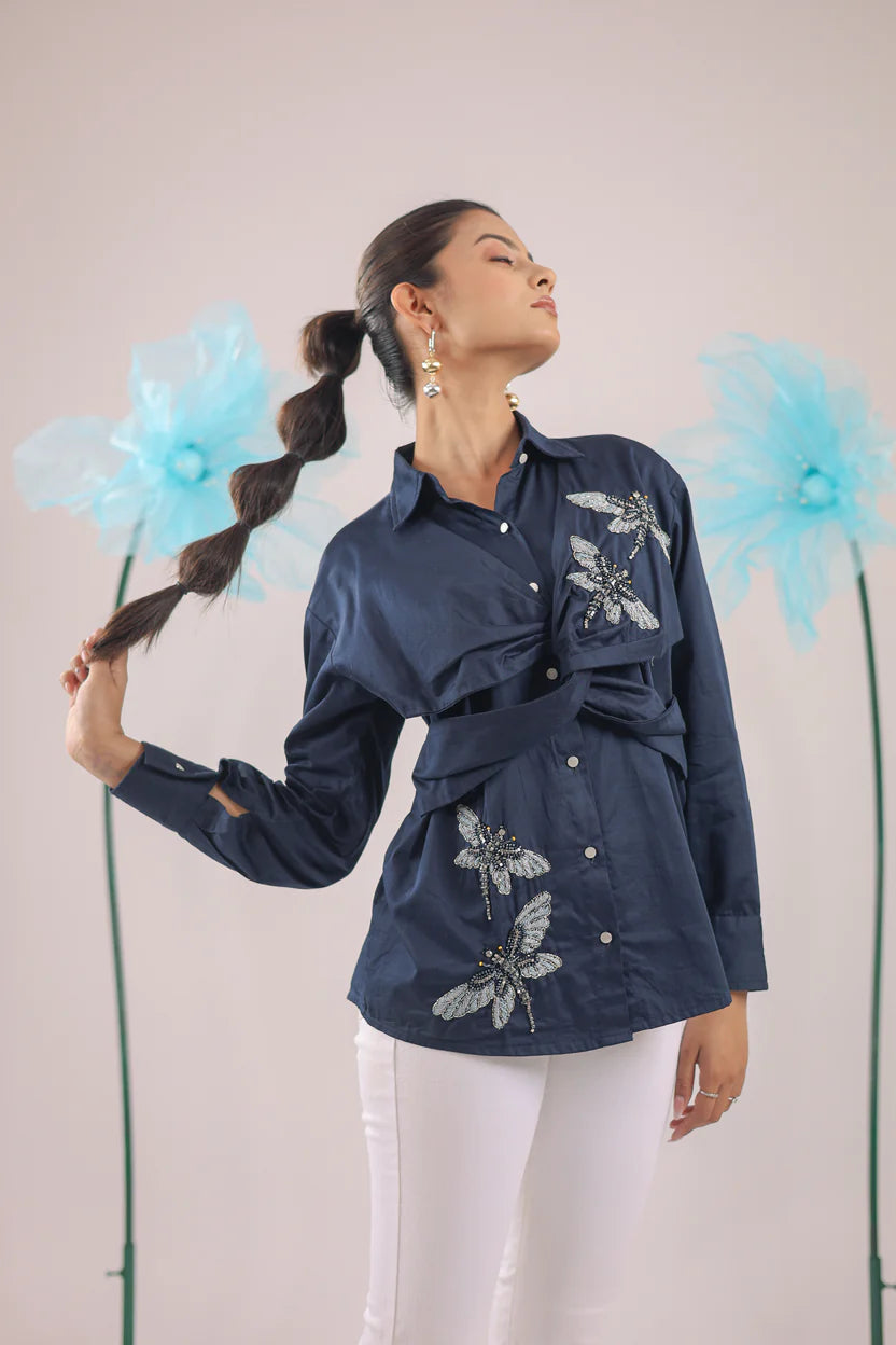 THE NAVY BLUE KNOT COTTON SHIRT WITH DRAGON FLY EMBELLISHMENTS
