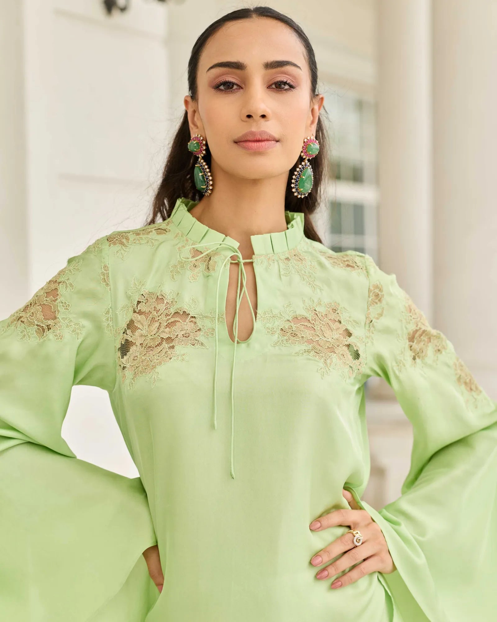 Reverie Pastel Verdant Hand Patched French Lace Twill Silk Top