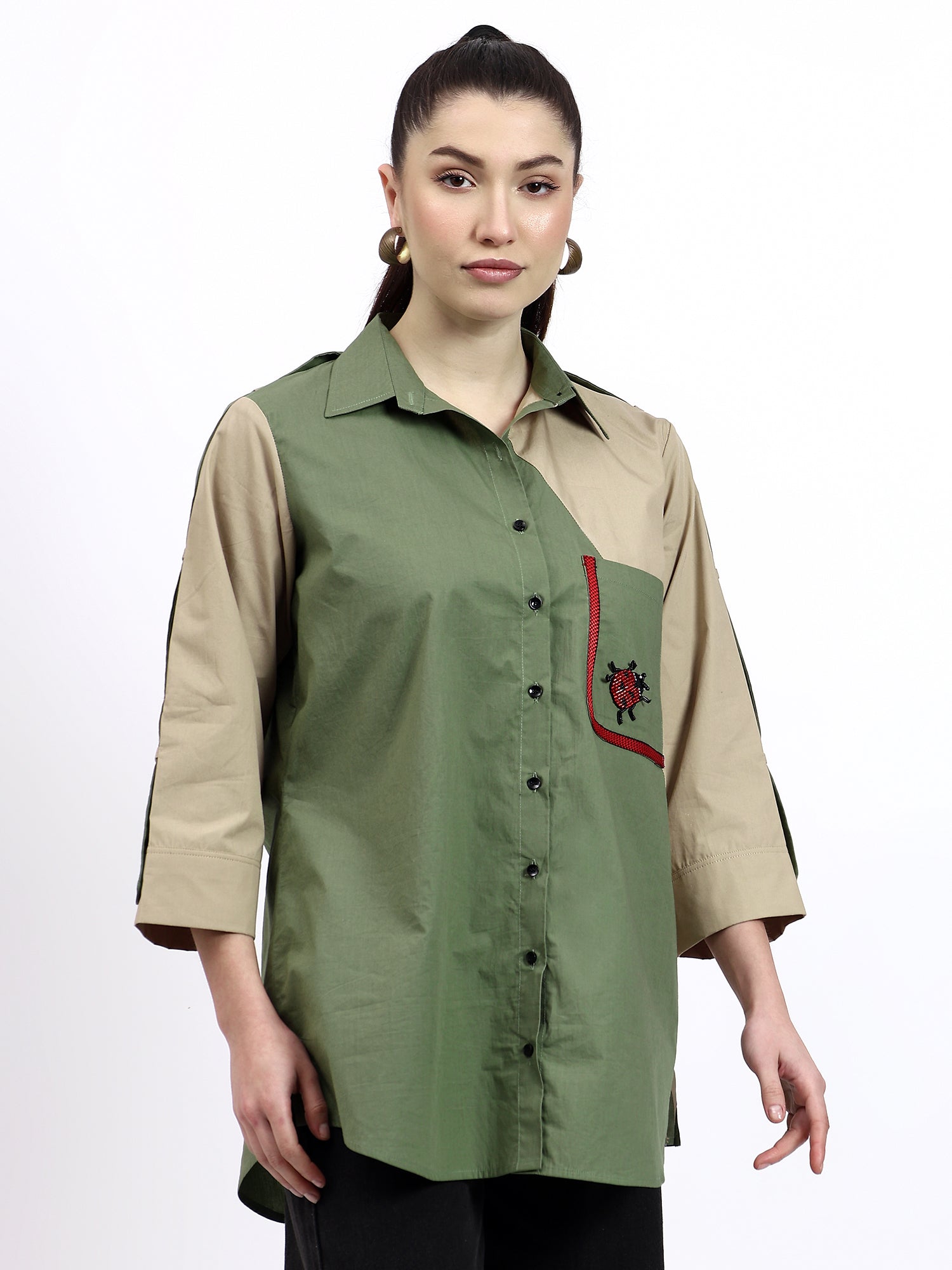 Olive and Beige color block embroidered shirt