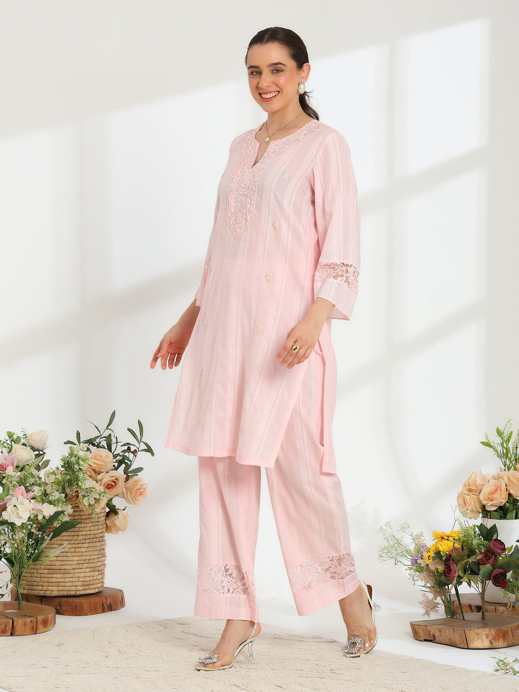 Silvaire Rose Hand Embroidered French lace  cotton lurex Kurta set