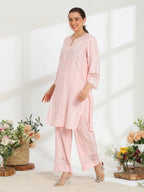 Silvaire Rose Hand Embroidered French lace  cotton lurex Kurta set