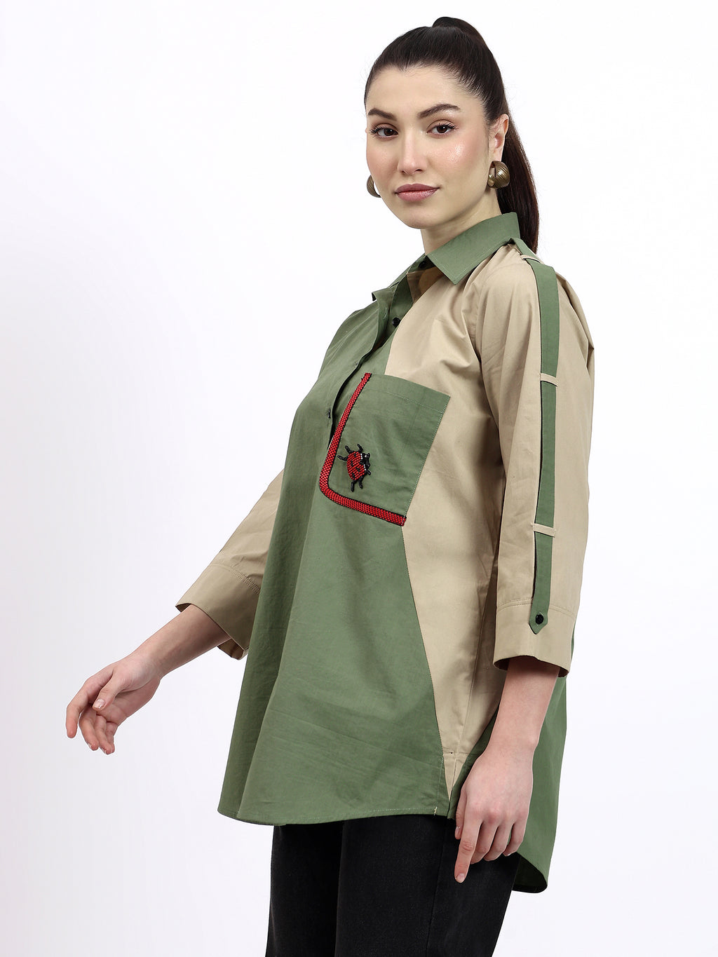 Olive and Beige color block embroidered shirt - Gagan Vohra