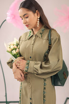 The olive green embellished A-line midi dress