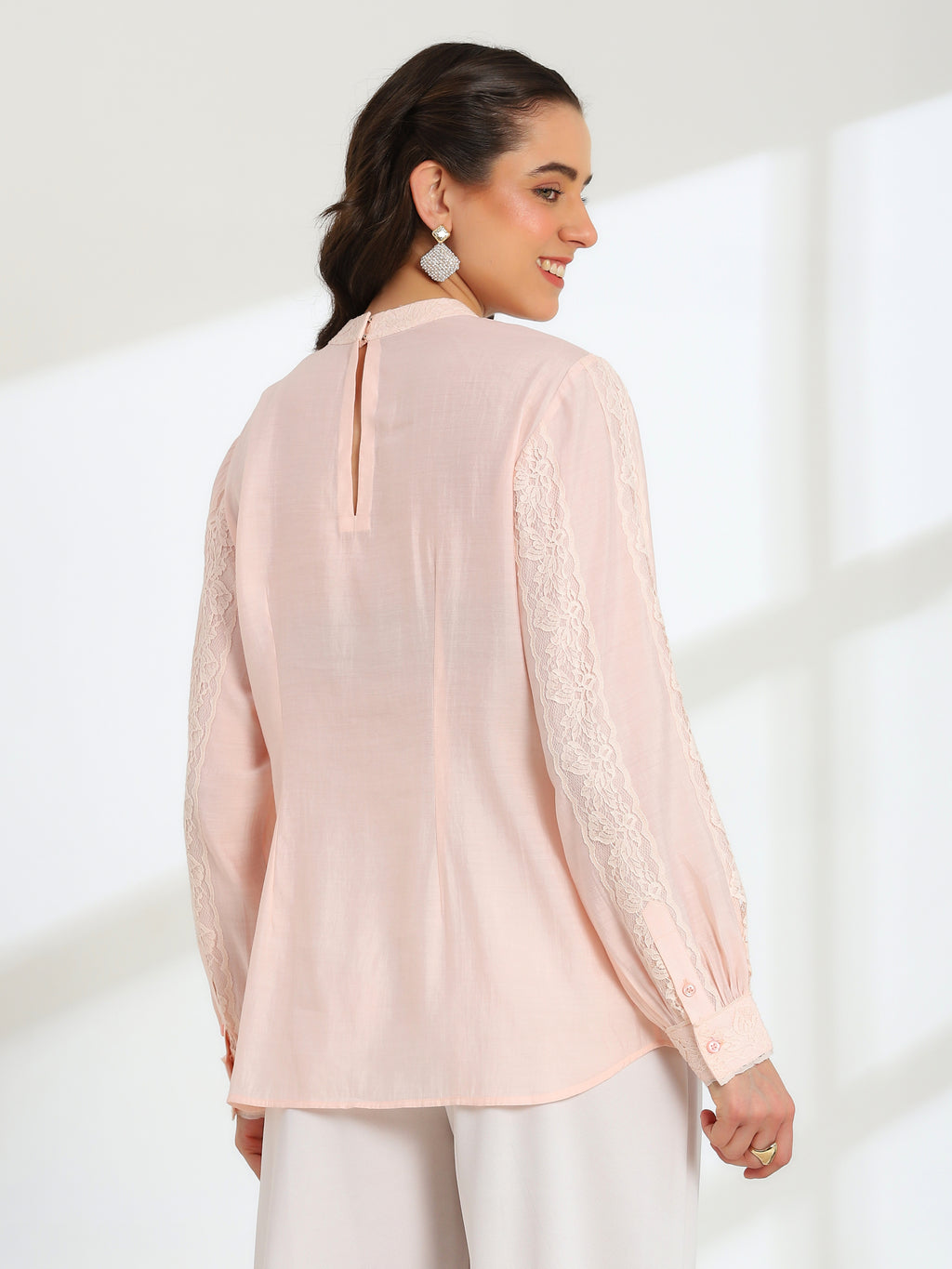 Elan Pink  Hand Embroidered French Lace Silk Cotton Shirt - Dareiss