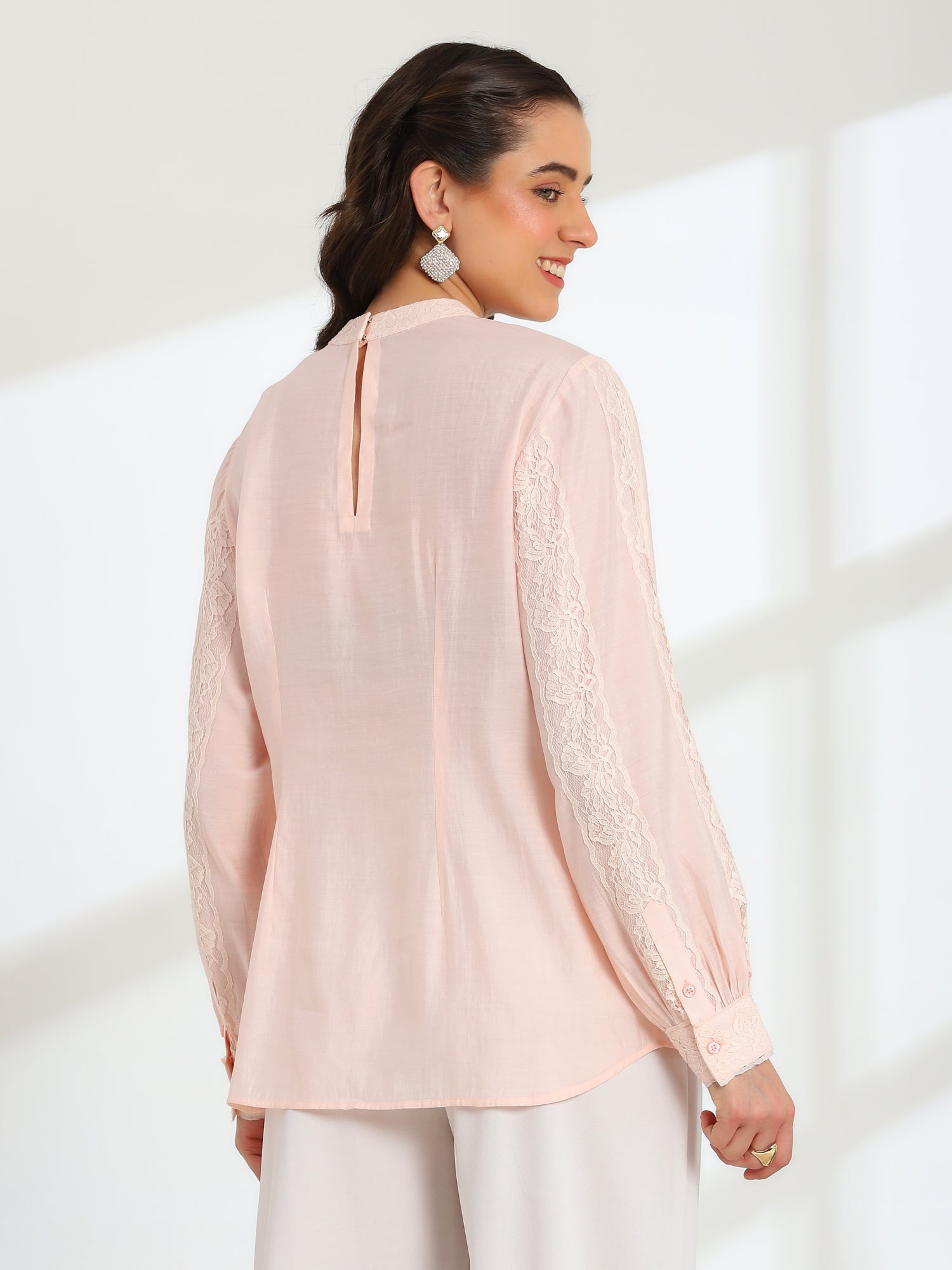 Elan Pink  Hand Embroidered French Lace Silk Cotton Shirt - Dareiss