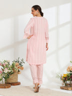 Silvaire Rose Hand Embroidered French lace  cotton lurex Kurta set