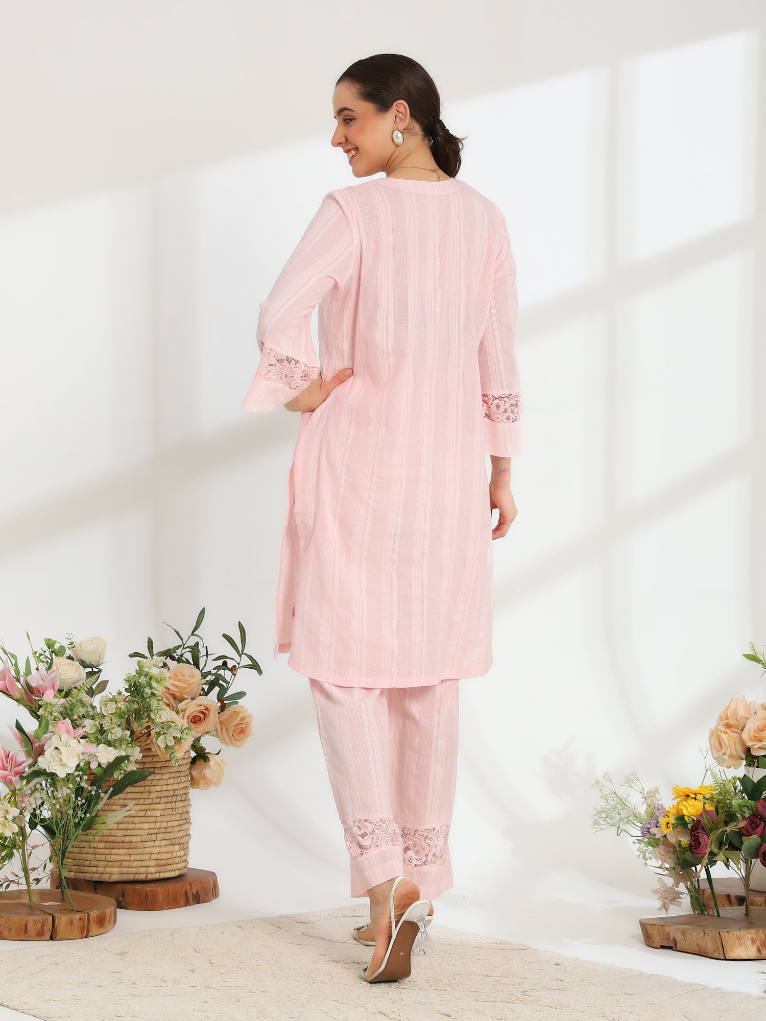 Silvaire Rose Hand Embroidered French lace  cotton lurex Kurta set