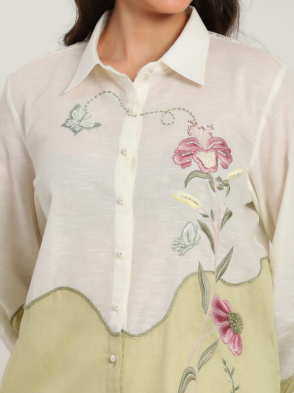Ether Sage Green Embroidered French lace Silk Linen Shirt