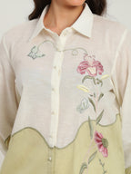 Ether Sage Green Embroidered French lace Silk Linen Shirt