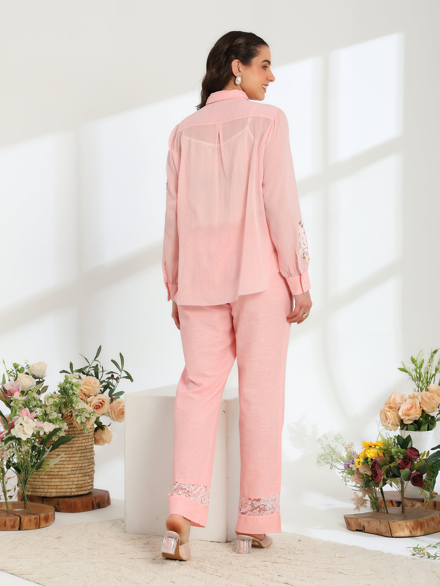 Pink Rose Garden Hand Embroidered French lace Mul Linen Co-ord Set