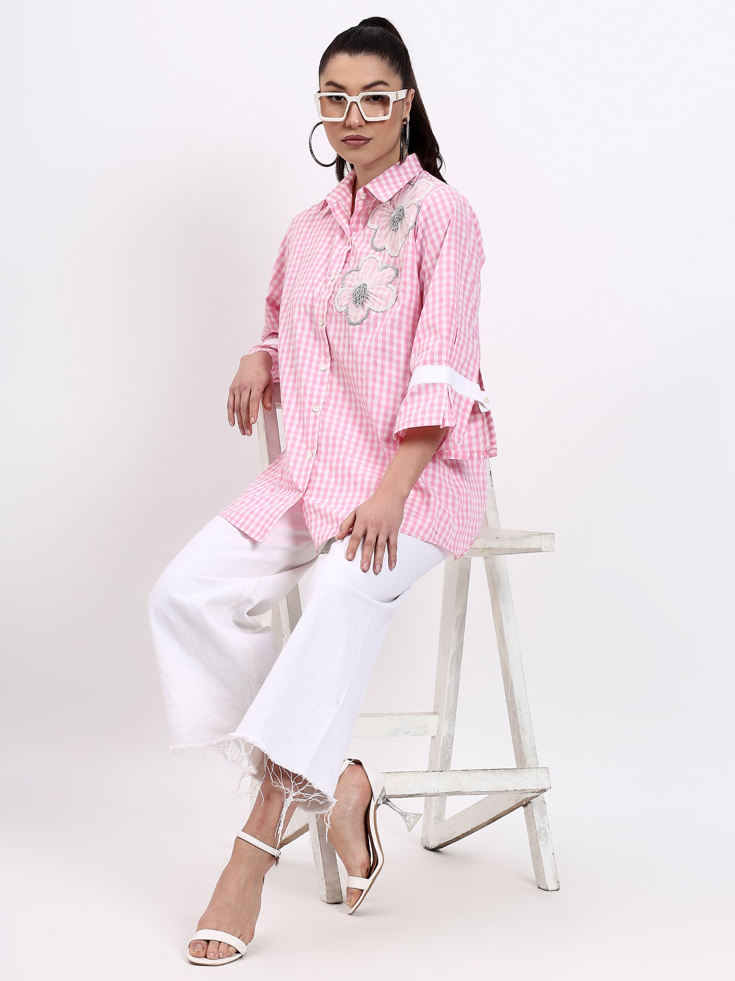 Pink Check Embroidered Shirt
