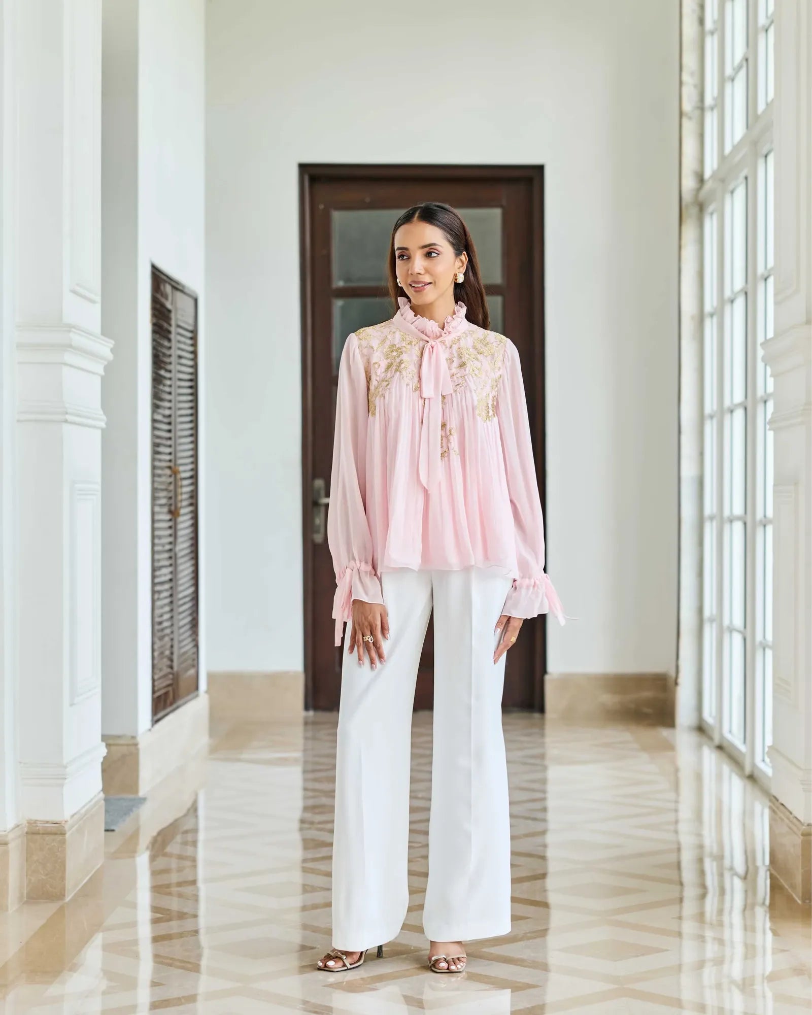 Petal Crest Pink Bow French Lace Flat Chiffon Top