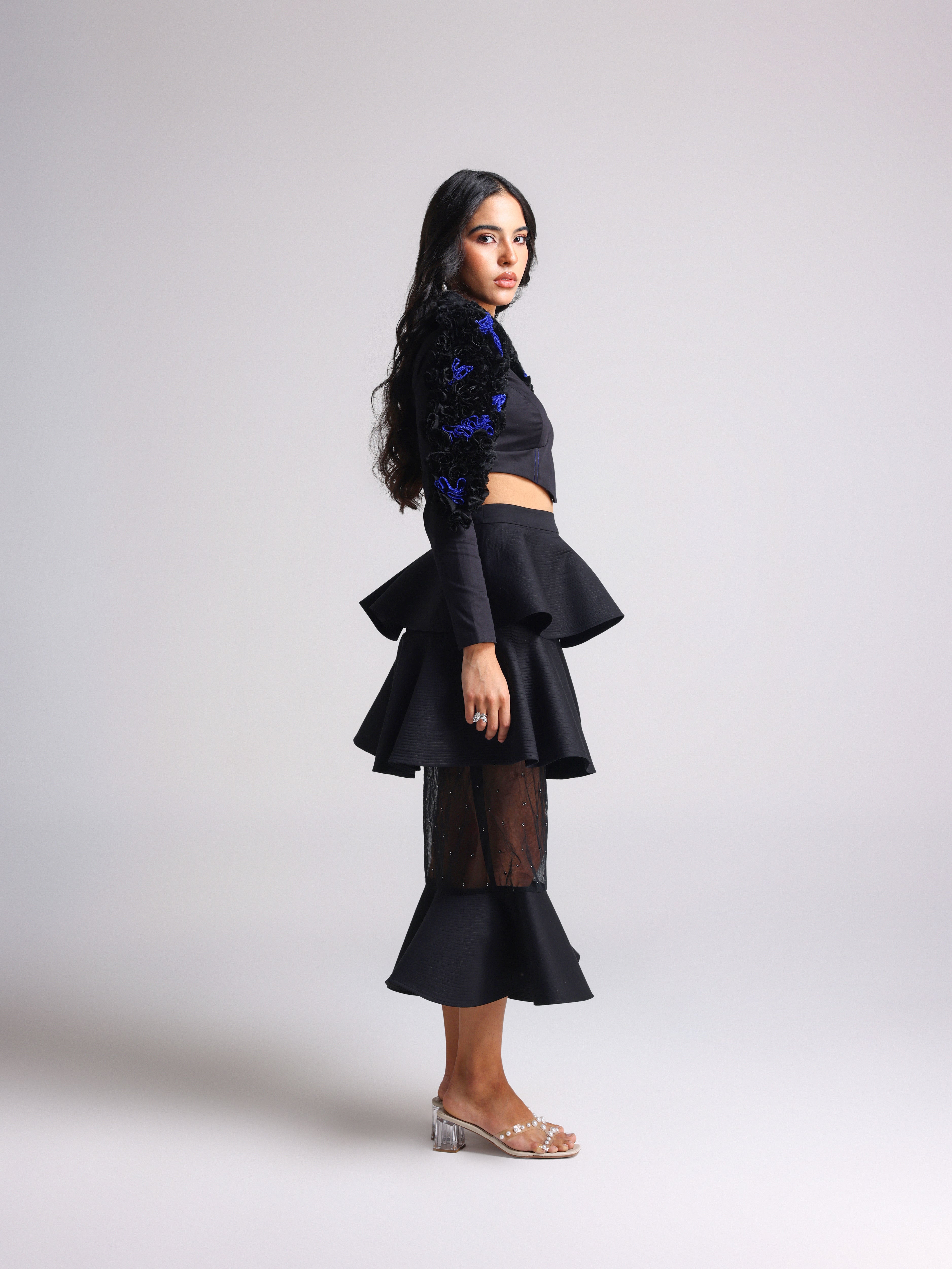 NOTTE BLACK 3D POWER SHOULDER CORSET TOP AND TIERED DETACHABLE SKIRT CO ORD SET