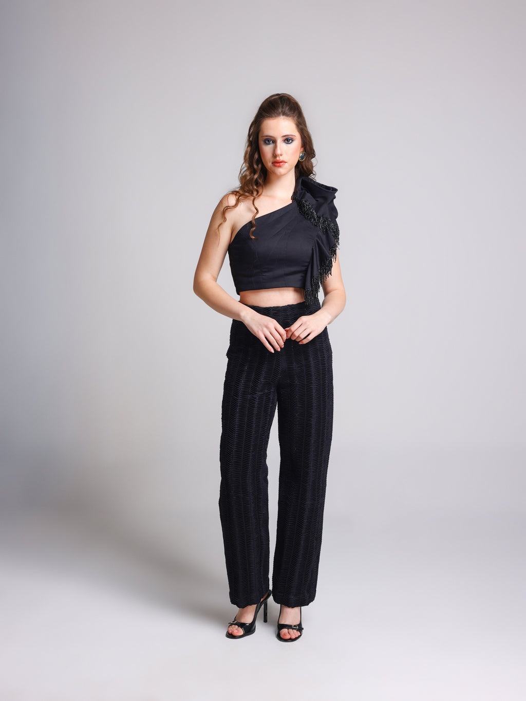 RIVELLE ROSETTE BLACK RUFFLE TOP AND BLACK BLING PANTS SET - Fllaë