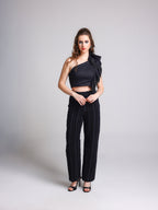 RIVELLE ROSETTE BLACK RUFFLE TOP AND BLACK BLING PANTS SET - Fllaë